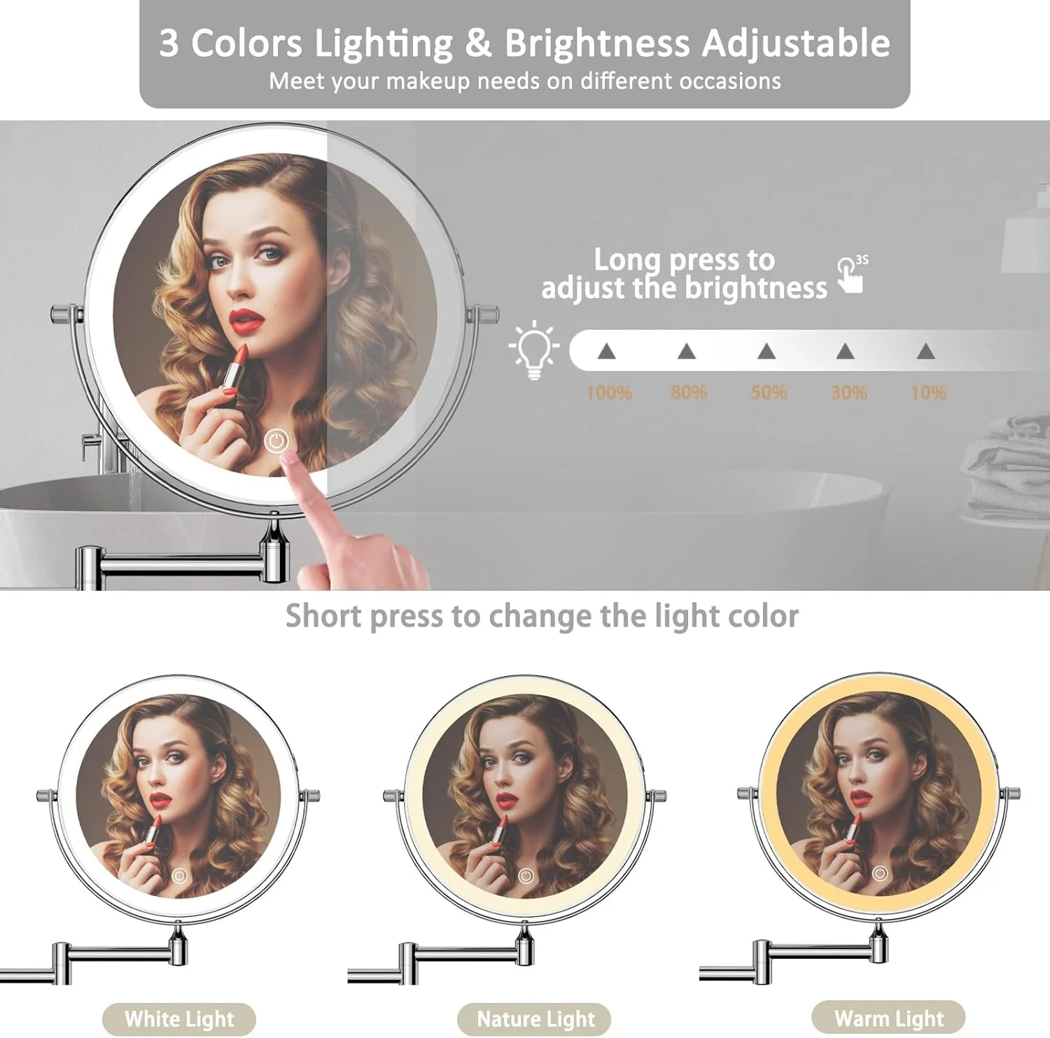 Espelho de maquiagem para banheiro montado na parede, 8 ", com luz de 3 cores, dupla face, ampliação 1x/10x, espelho iluminado, espelho led para barbear