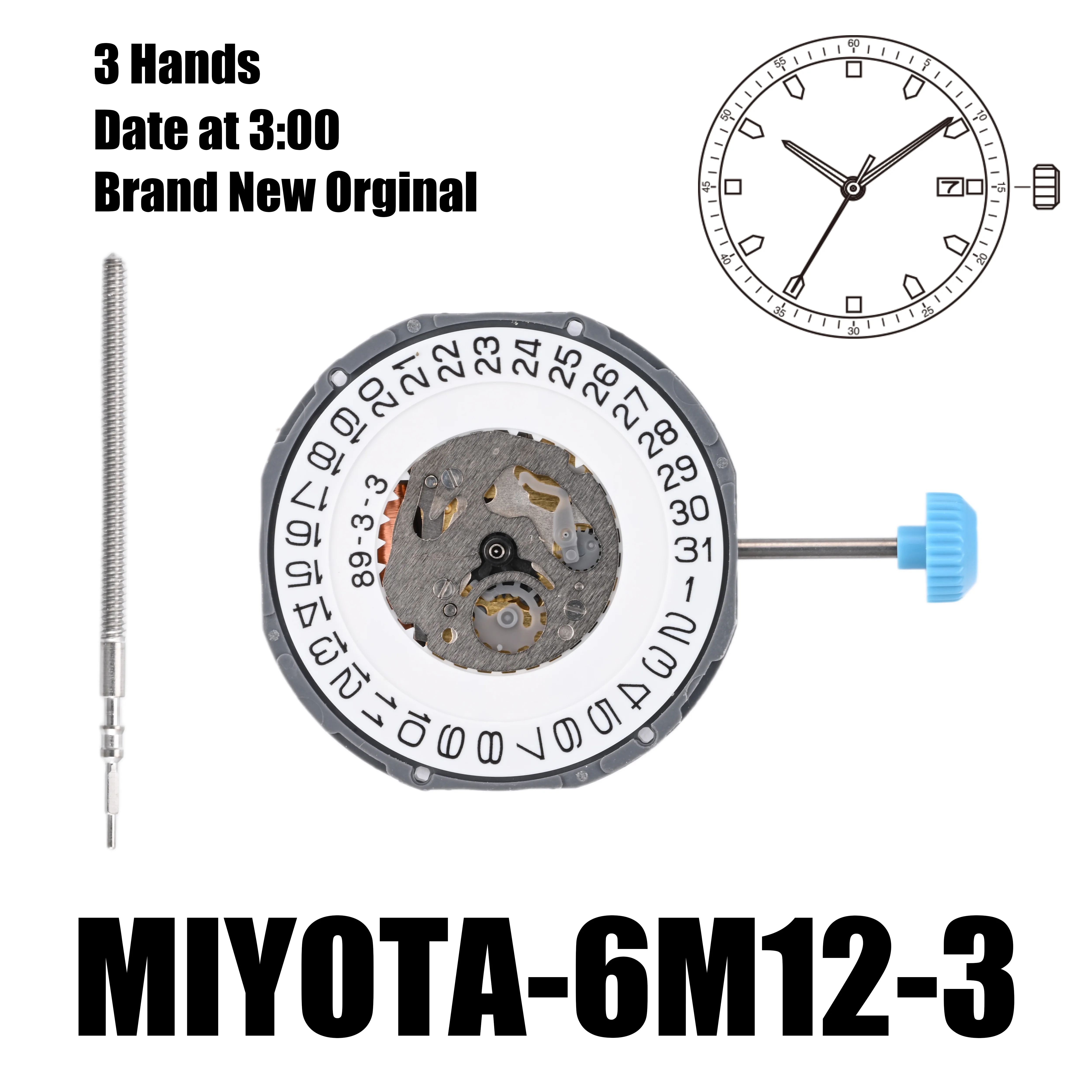 6M12 Movement Miyota 6M12 Movement 3 Hands Date at 3:00 With 1PC Stem