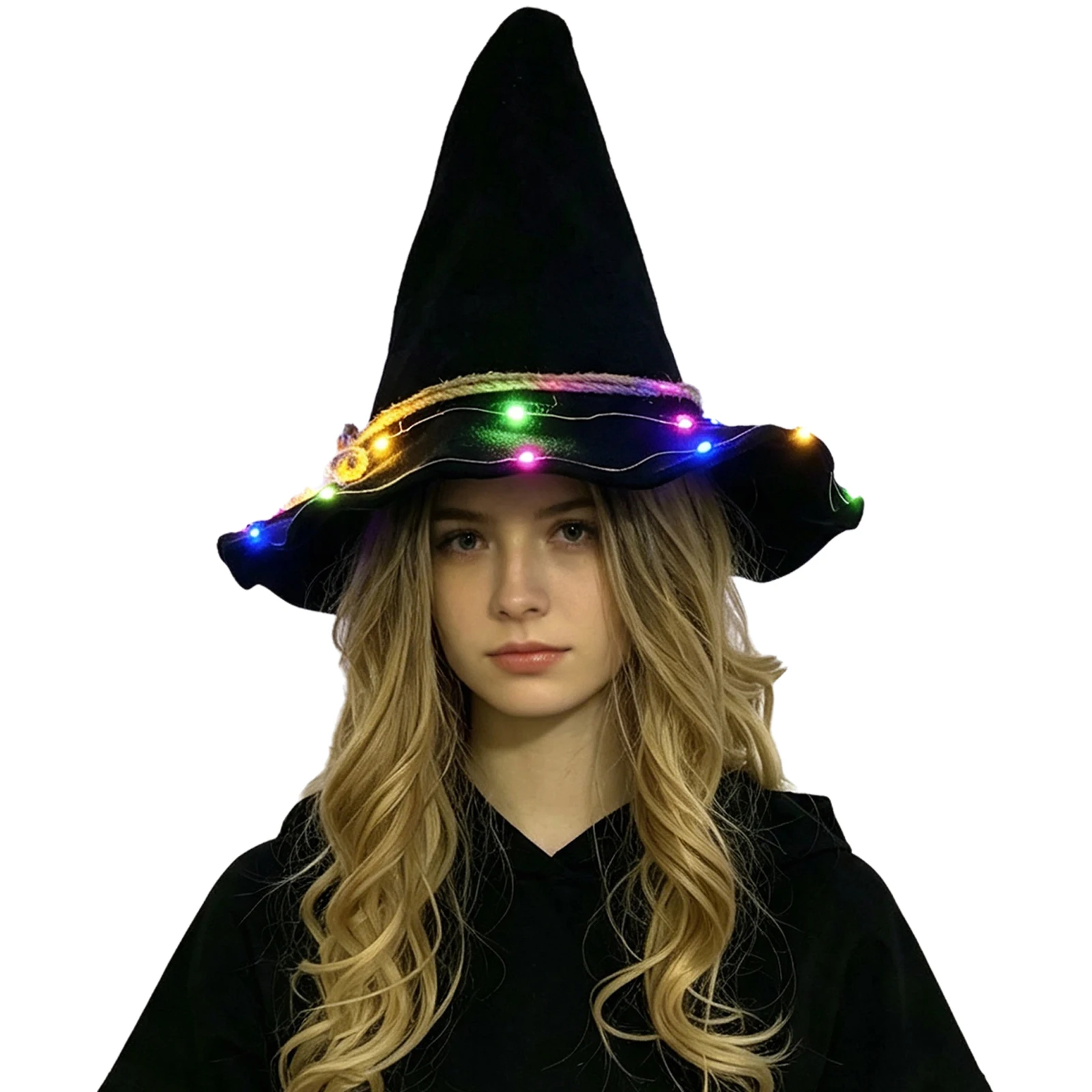 Men Women Black Felt Glowing LED Witch Wizard Pointed-hat for for Halloween Cosplay Theme Party Stage Performance