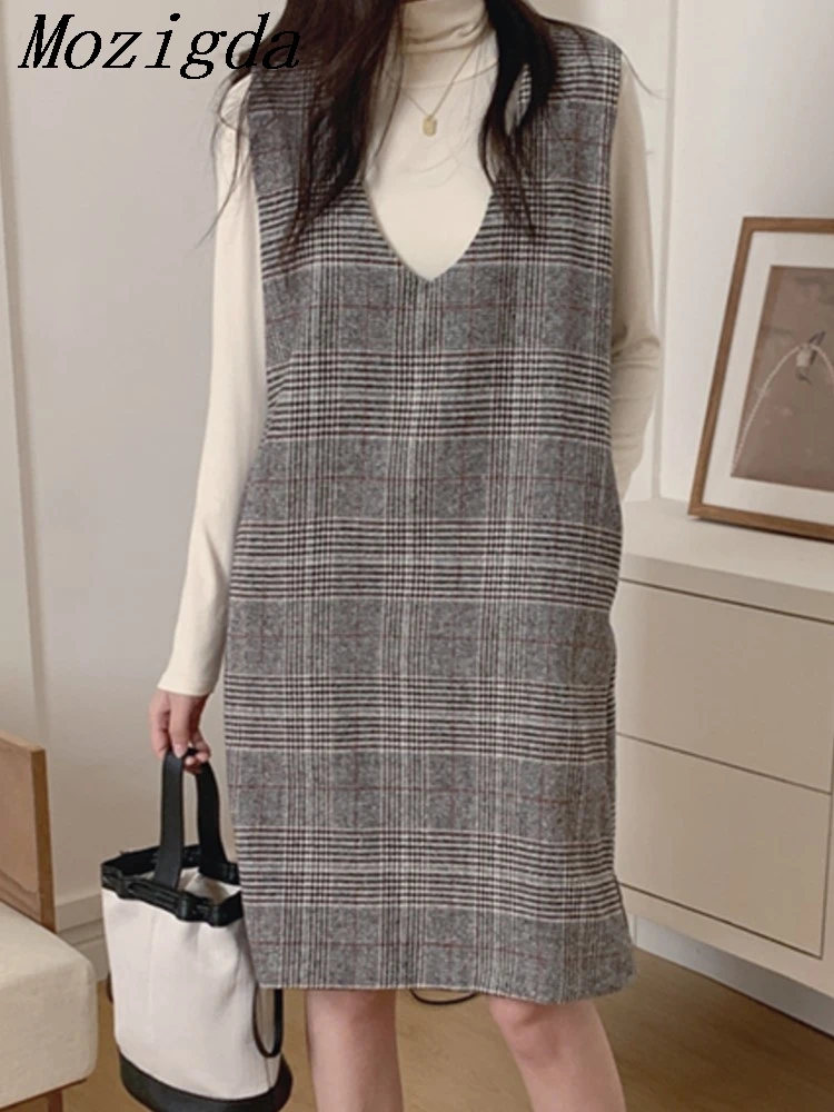 

Autumn Sleeveless Vest Dress Women Korean Striped Plaid Woolen Dress Woman V-neck Patchwork Pocket Mid Length Ladies Dresses