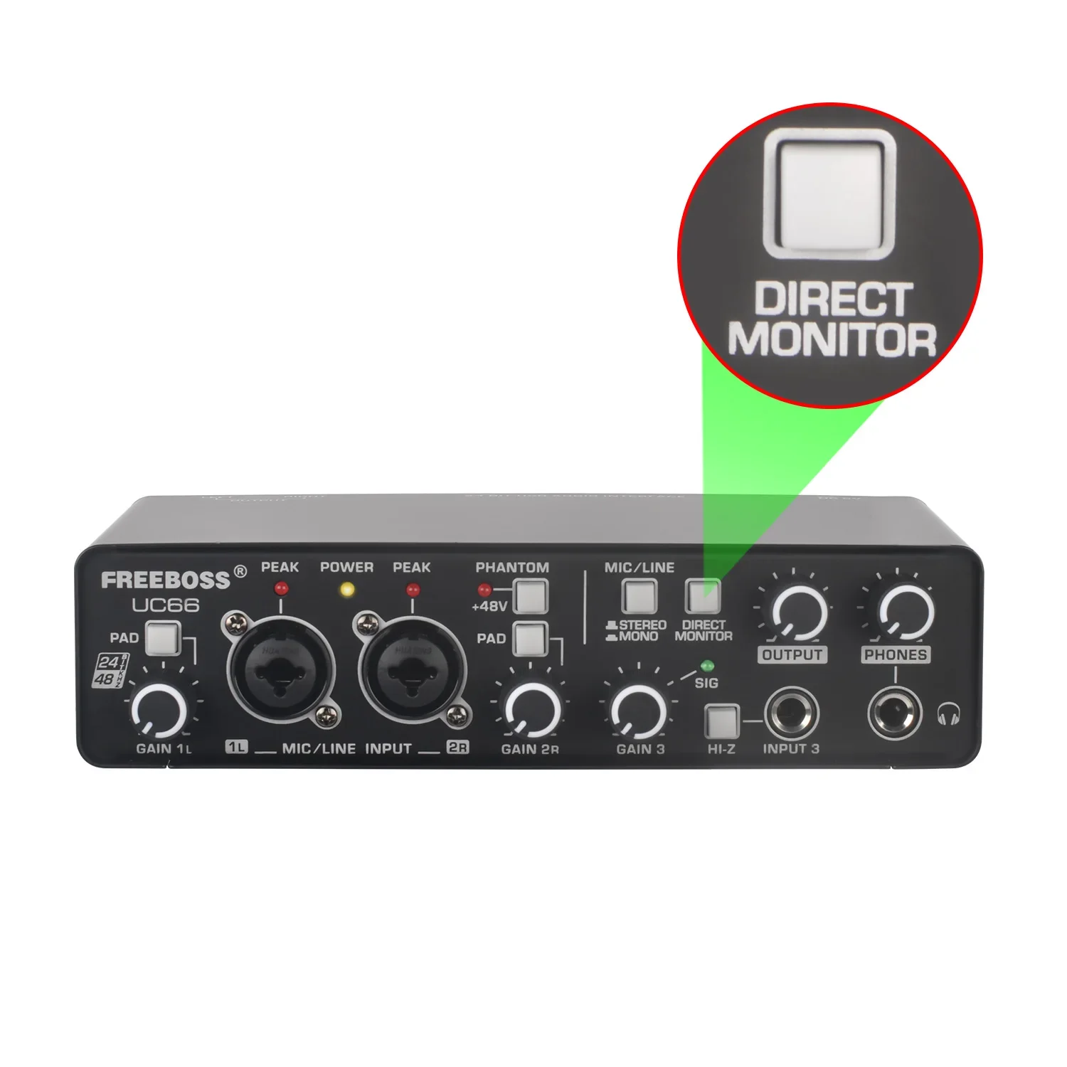 FREEBOSS Stereo Sound Card Guitar 3 Channels 48V Power USB Audio Interface 24bit 48khz DIR Computer Studio Recording UC66