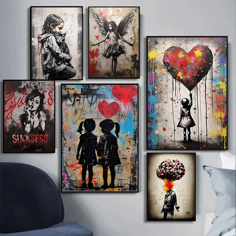 Pop Street Graffiti Wall Art Banksy Boy Girl with Balloon on Canvas Posters and Prints Painting for Living Room Home Decor Gifts