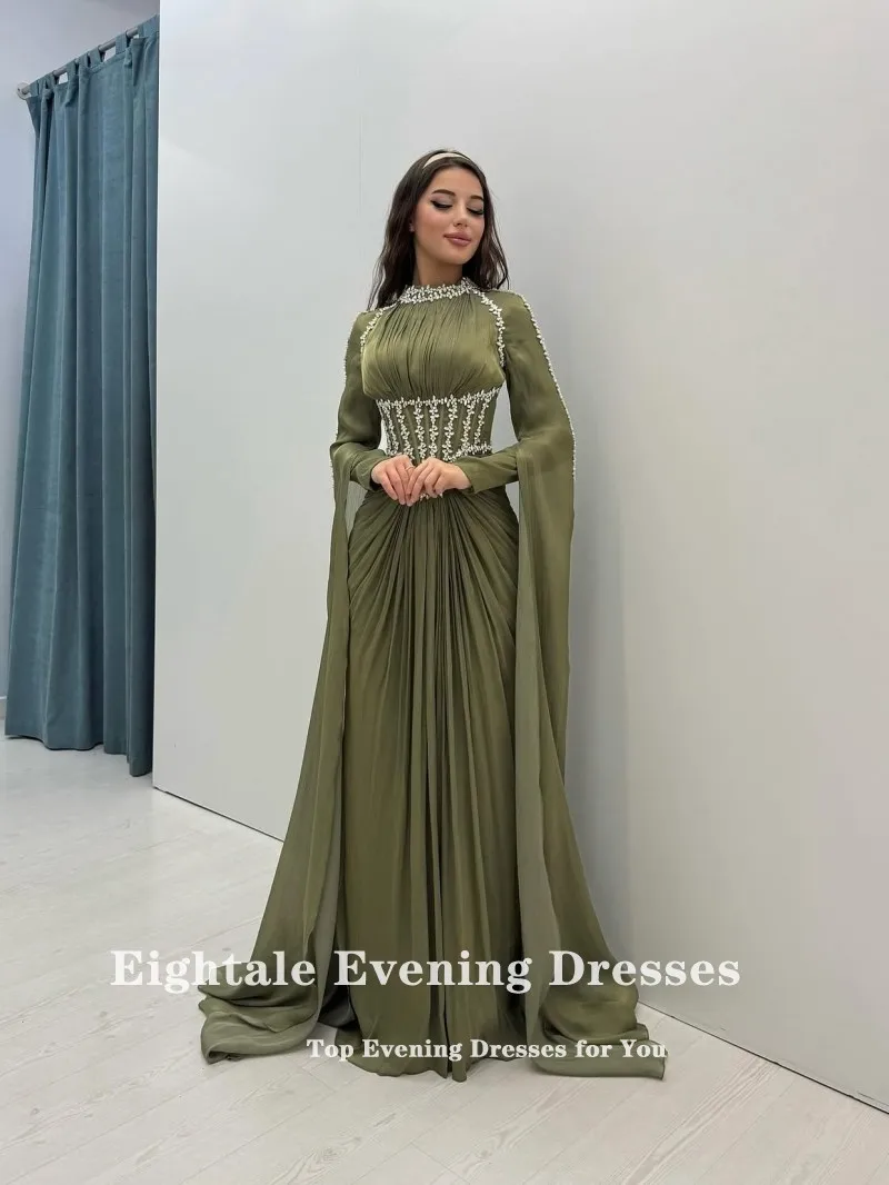 فستان سهرة أخضر عسكري من Eightale برقبة عالية مخصص مطرز عربي للحفلات الراقصة من الساتان بأكمام طويلة لحفلات الزفاف فيستدوس دي غالا