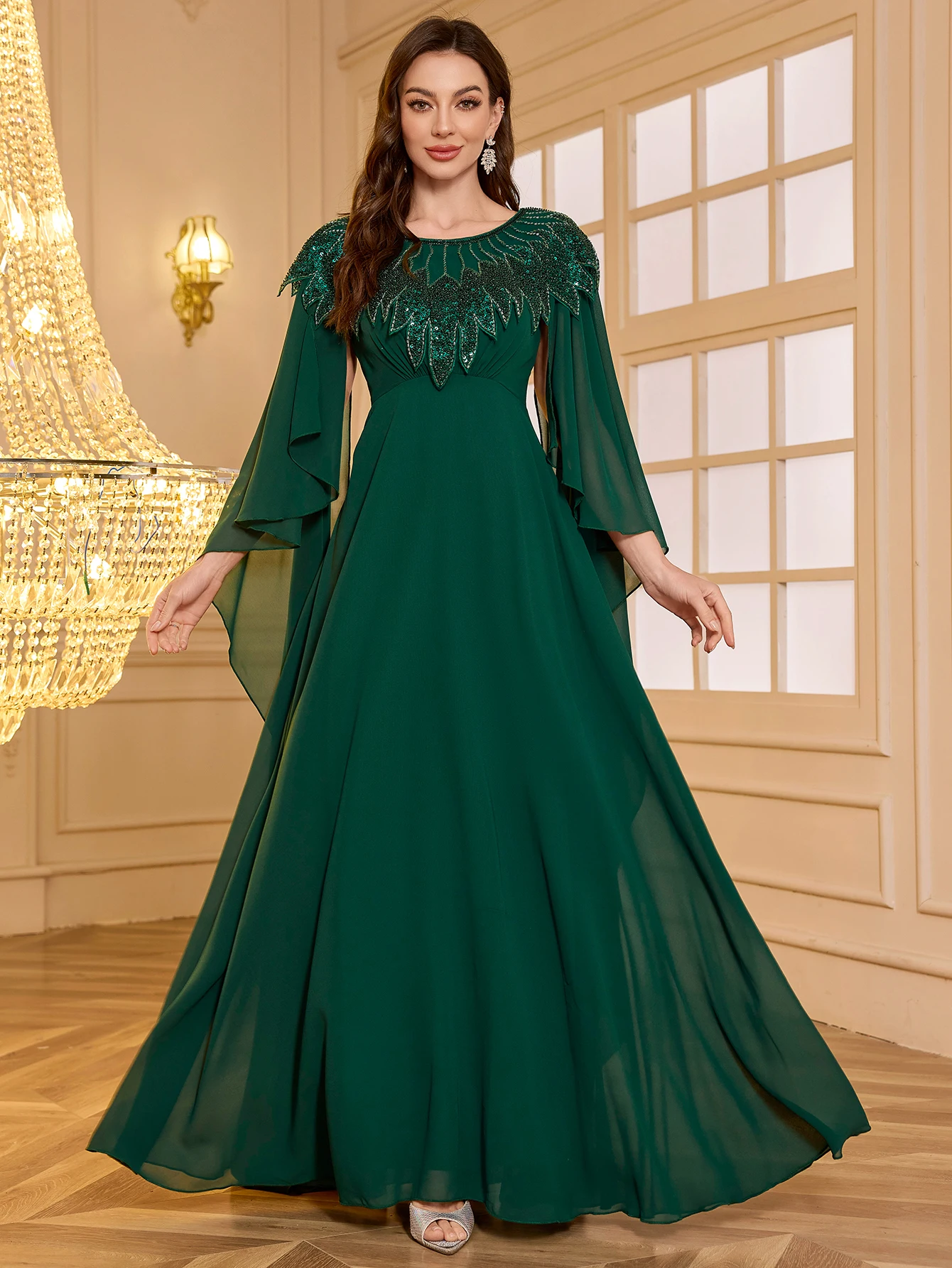 UNITHORSE فستان سهرة شيفون بأكمام طويلة مطرز بالخرز مقاس صغير للنساء، فستان أنيق للحفلات #1