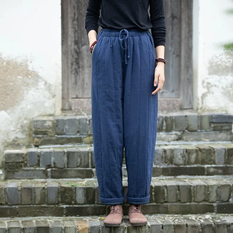 الراقية المرأة سراويل قطنية Thiened الشتاء عادية مستقيم الساق ملابس خارجية دافئة بنطلون طويل ريترو Sle تأثير التخسيس