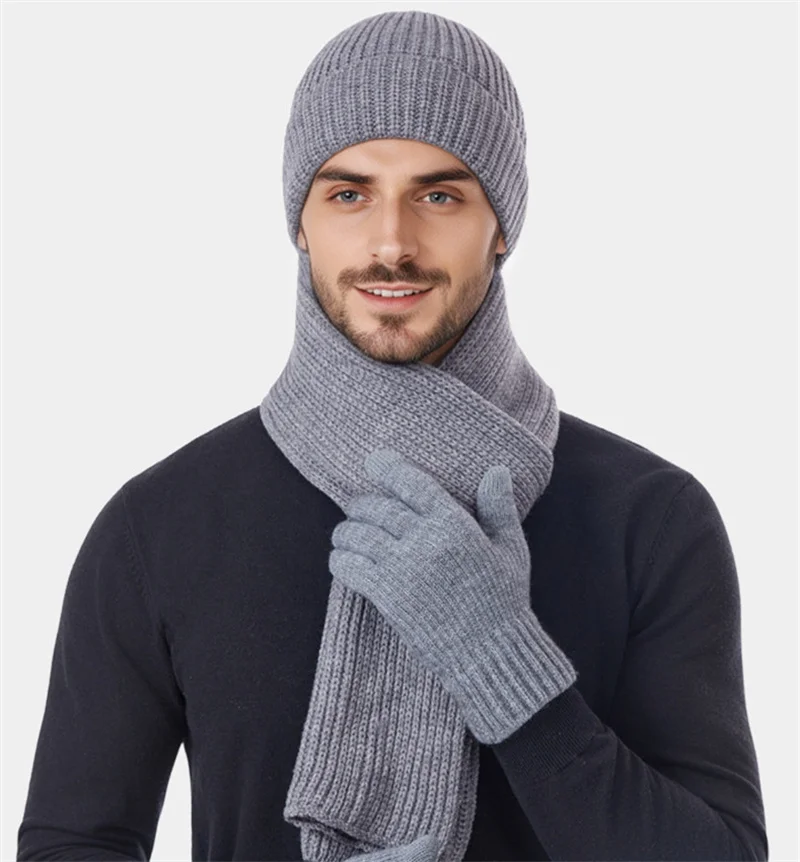 Solid Color Knitted Hat Scarf Gloves Men's Windproof Adult Three-piece Set Autumn Winter Fashion Men's Scarf Hat Set