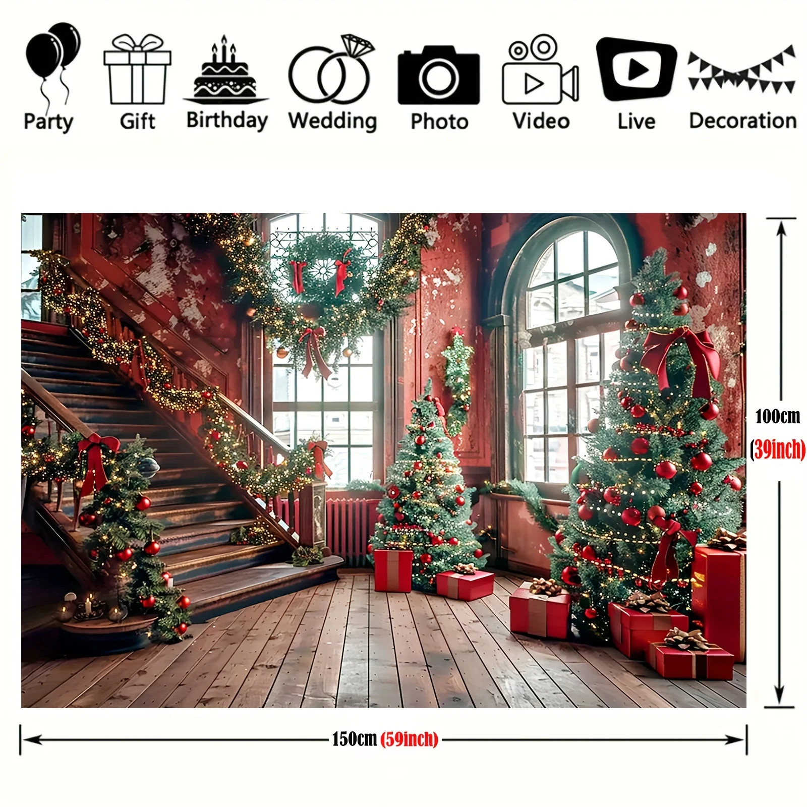 Christmas Cabin and Candy Tree Photographic Background - Versatile polyester fabric for holiday parties and decorations