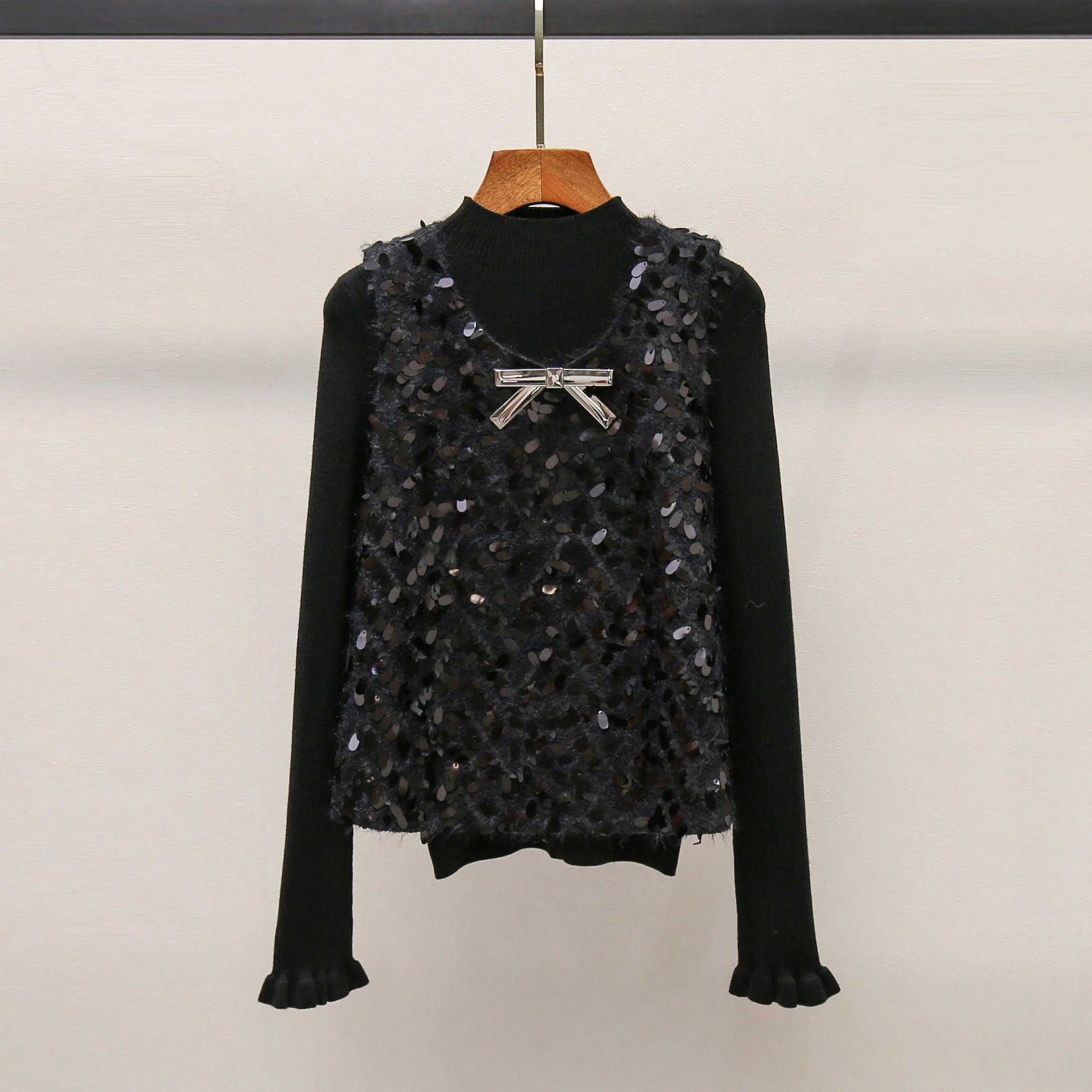 

South Oil 24 Winter iny Sequin Svel Vest Base Long Sve Slim Knitted Two-Piece Set French Sle High Collar ort L...