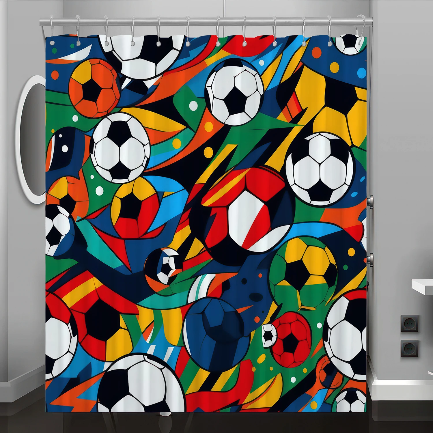 Football Pattern Digital Print Shower Curtain, Bathroom Renovation Home Decoration, Free Hooks