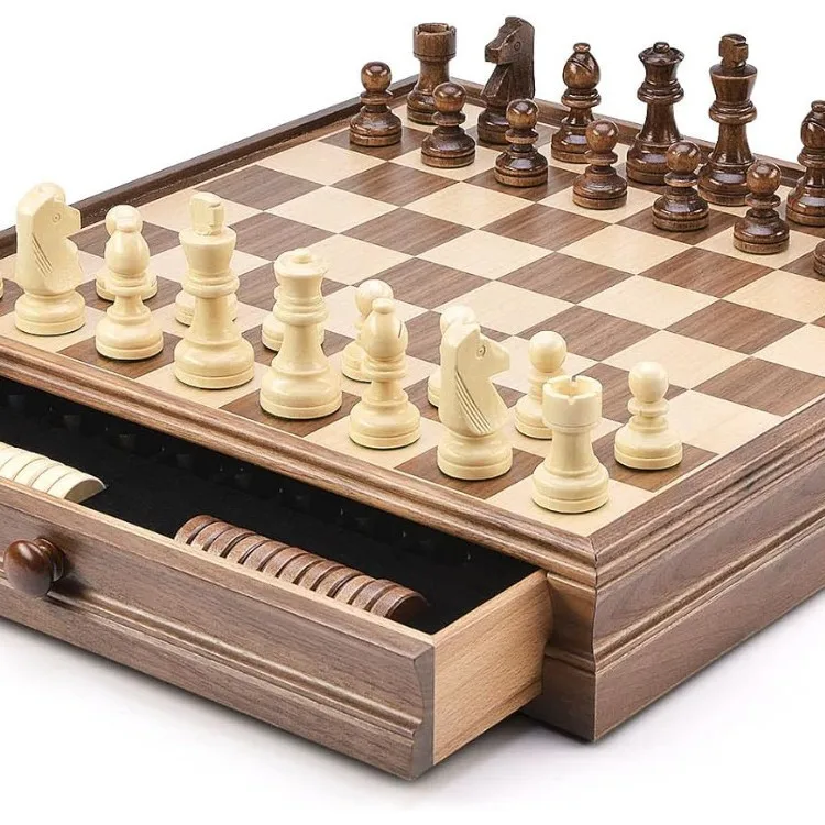 jeu-d'echecs-et-de-dames-2-en-1-en-bois-massif-de-noyer-avec-tiroir-de-rangement