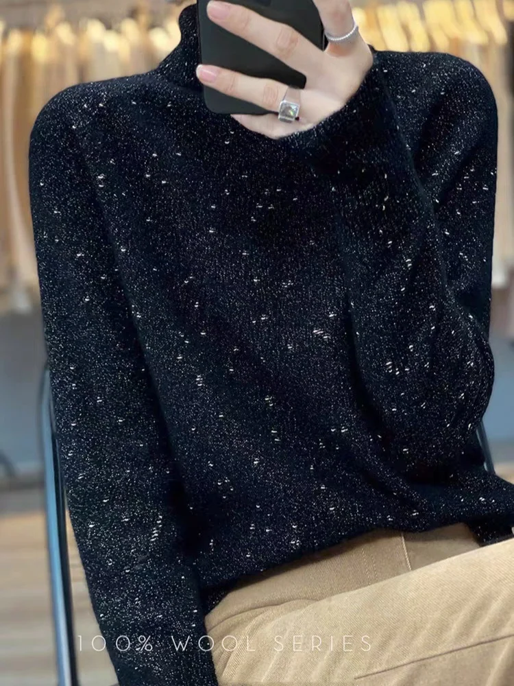 Birdtree 100% Sheep Wool Knited Sweater,Woman Golden Yarn Turtle Neck Full Sleeve Undershirt,2025 Autumn Warmth KnitwearT59630JF