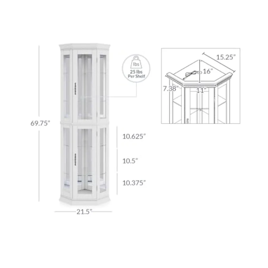 Lighted 3-side glass display curio cabinet for living room bedroom, tempered glass doors/shelves, walnut finish wood, LED accen