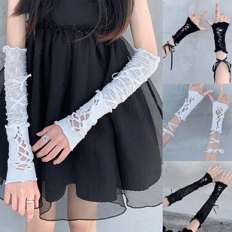 Koronkowe rękawy grzybowe dla kobiet Letnie cienkie rękawiczki z paskiem chroniącym przed słońcem Y2K Hot Girl Strappy Ballet Lolita Jk Diy Strap Oversleeve