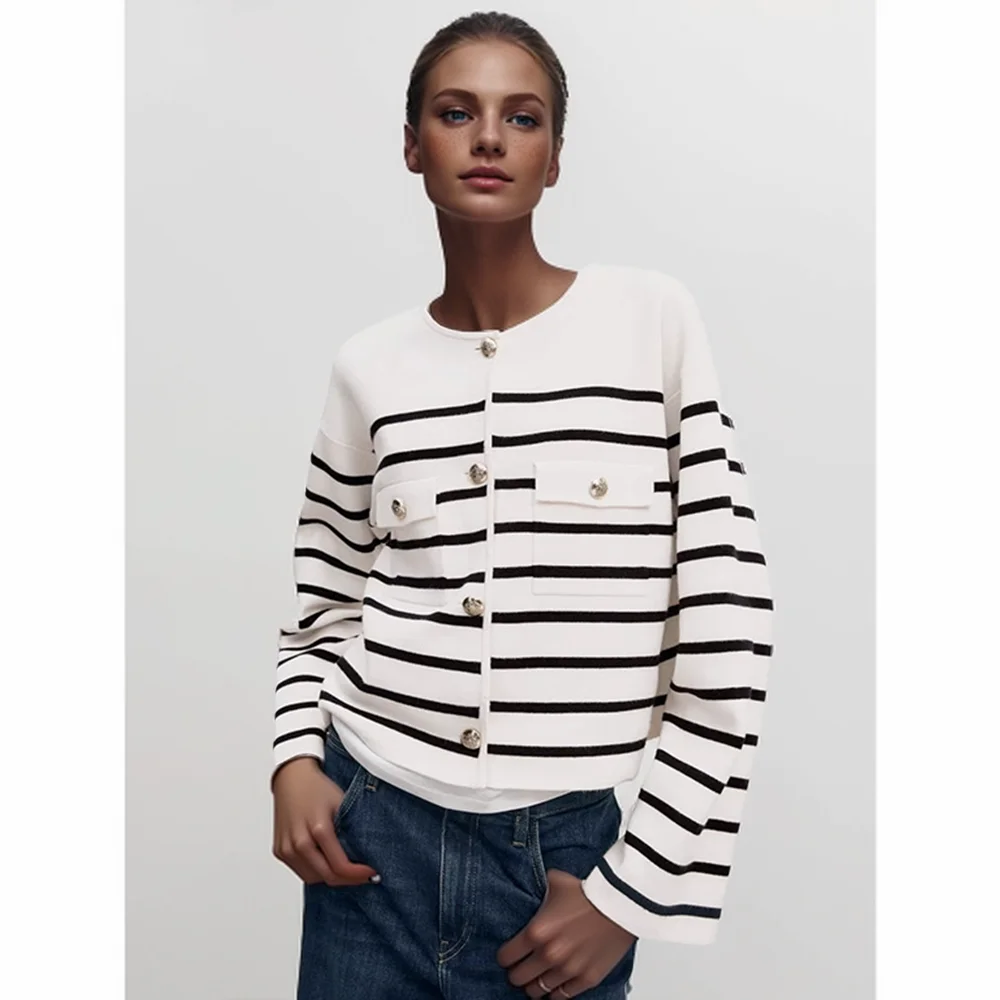 Cos Lris women\'s 2024 autumn new round neck striped round neck knitted single breasted cardigan 05743601959