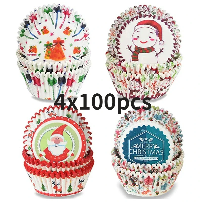 Christmas Series 400 Pcs Printed Cake Paper Cups, Oil Proof Paper Cake Paper Holders Bakeware