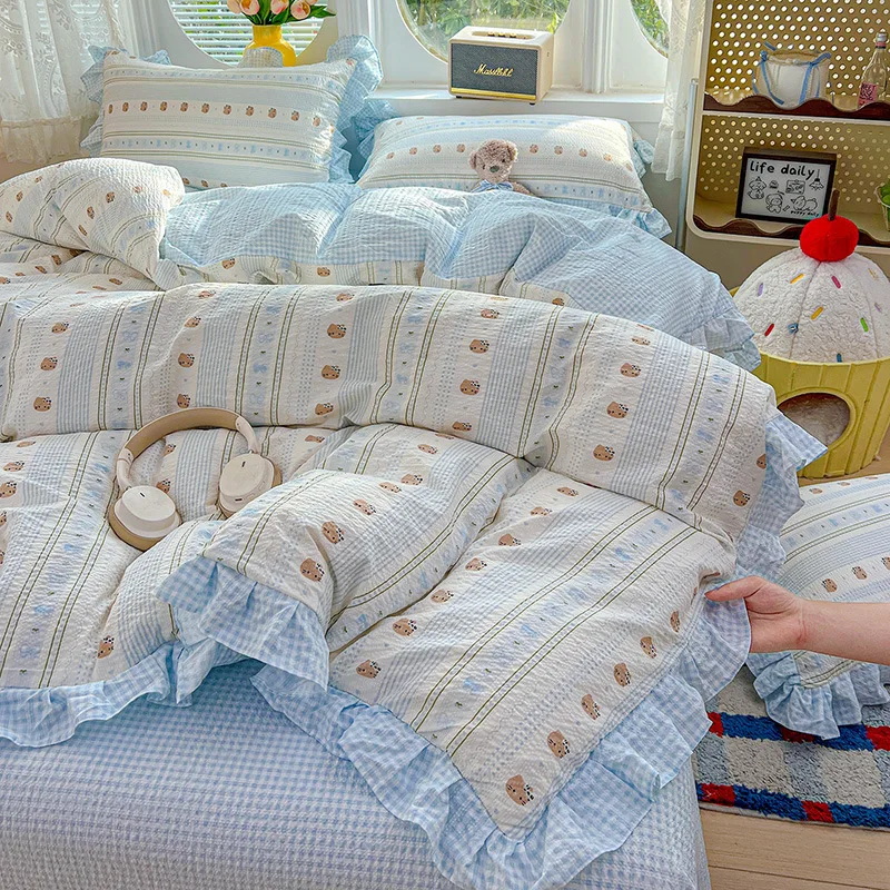 3/4Pcs Bedding Set Korean Princess Ruffle Cute And Whimsical Plaid Cat Cartoon Style Bed Sheets Kawaii Linen 2 Bedroom Cotton