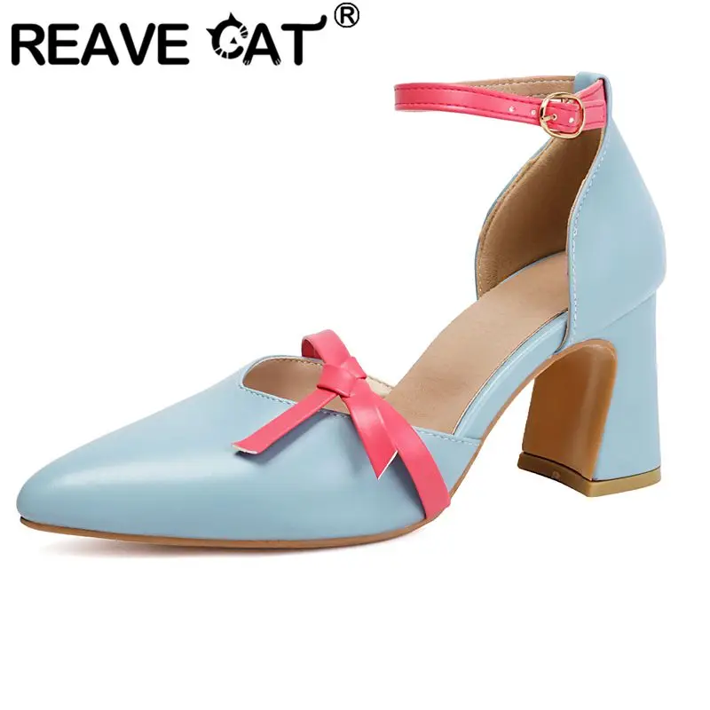 REAVE CAT Blue Women Sandals Pointed Toe Buckle Strap 7.8cm Block Heels Mixed Color Bowknot Big Size 46 47 48 Sweet Dating Shoes