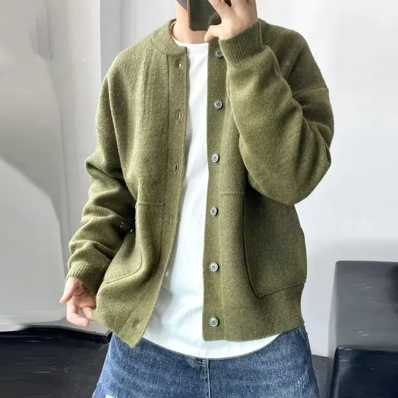 

Knit Sweater Male Green Cardigan Men's Clothing Fleeced Sweatshirts Old New in Order Jumpers Y2k Streetwear Warm Tops Neck Cheap