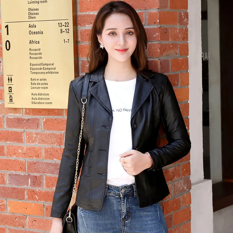 

Korean Women's Slim Leather Jacket 2025 Autumn New Fashion Short Motorcycle Black High-end Suit Jacket Female