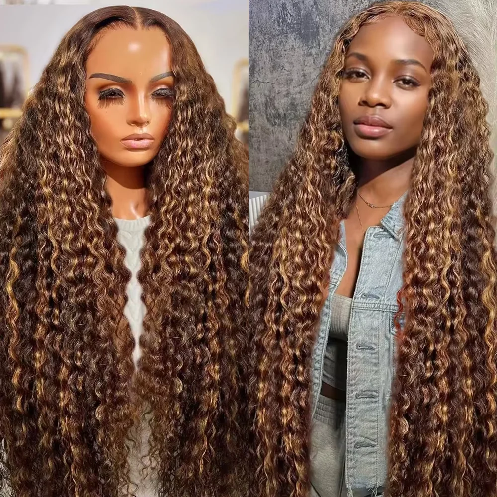 30inches Pre Cut Highlight Ombre Glueless Preplucked Human Wigs Ready to Go Curly Deep Wave 13x4 Glueless Lace Frontal Wigs 4/27