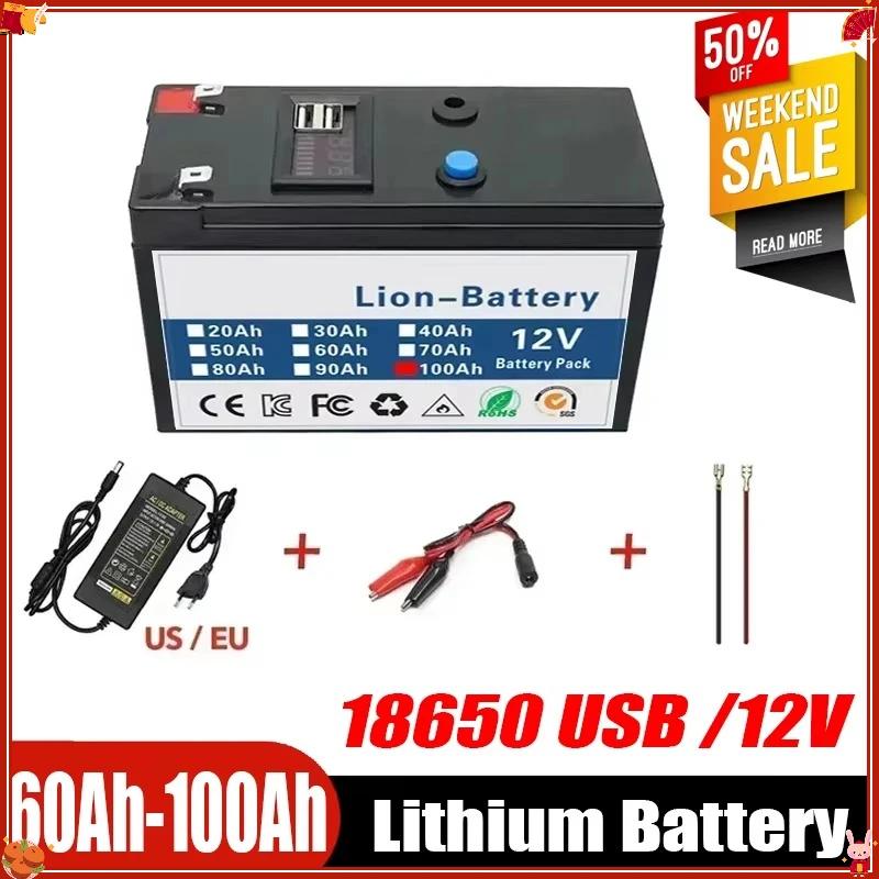12V Battery 100Ah 18650  Rechargeable  LiFePO4 Lithium Battery Built-in 5V 2.1A Usb Power Display Port Charger+12.6V 3A charger