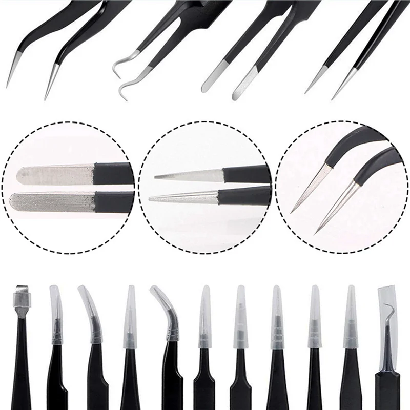 

A83I-Tweezers 24 Pieces ESD Tweezers Tools Kit Anti-Static Non-Magnetic Stainless Steel Multi-Standard With Storage Bag