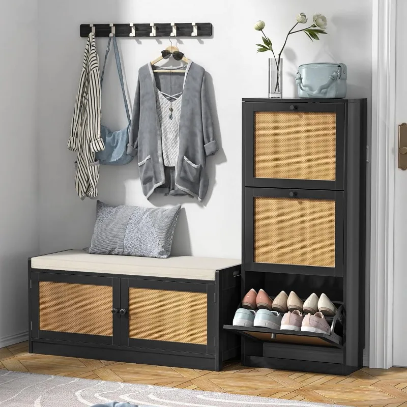 2 Pair Shoes Storage Organizer Cabinet, Wooden 3-Tier Rattan Shoe Rack with 3 Flip Drawers for Entryway Hallway, Black