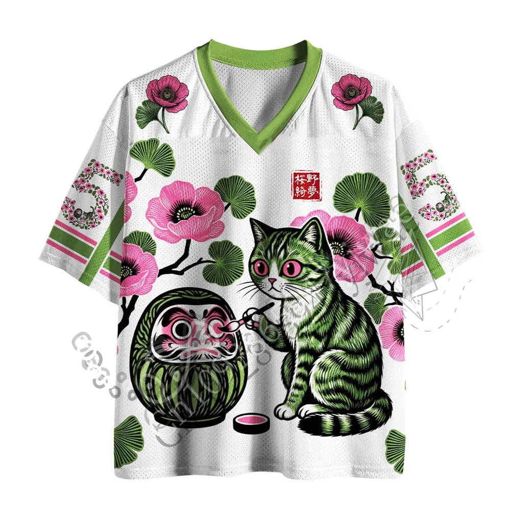 Flower Cat Japanese Samurai Lucky Daruma Painting Tabby Cat Cherry Blossom Mesh Jersey Y2K Streetwear Top Parent Child T-shirt