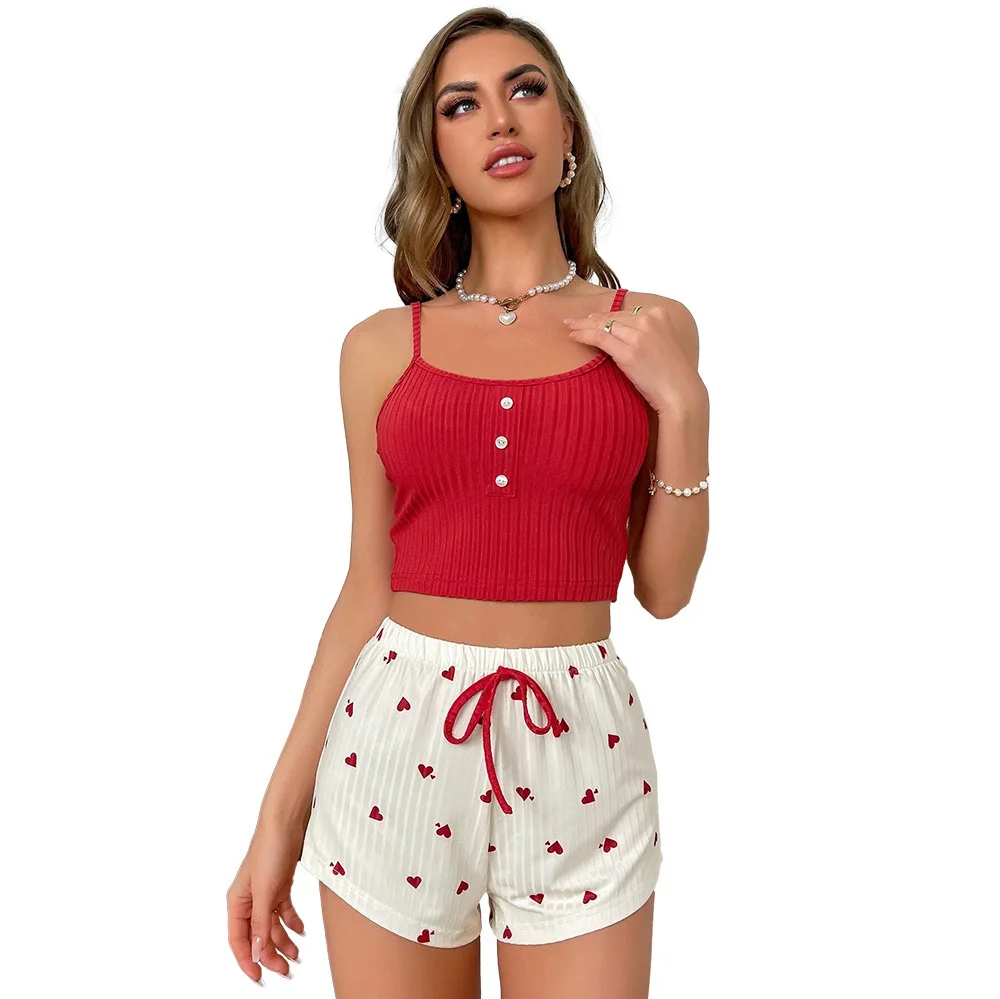 Summer Women's Home Clothes Printed Suspender Shorts Casual Rips Can Be Worn Outside Large Size Pajamas