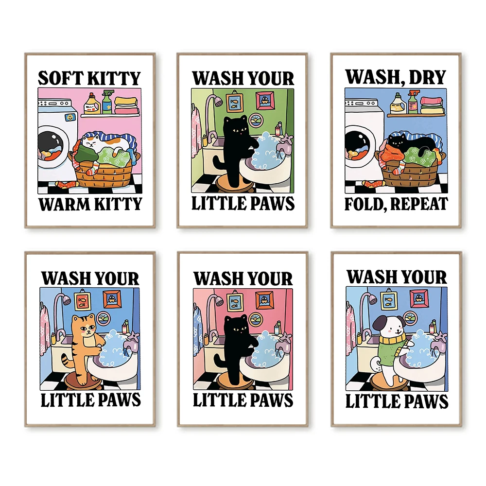 Wash Your Paws Cat Print Cute Bathroom Poster Wash Laundry Room Childrens Pictures Decor Unique Cats Wall Art Canvas Painting