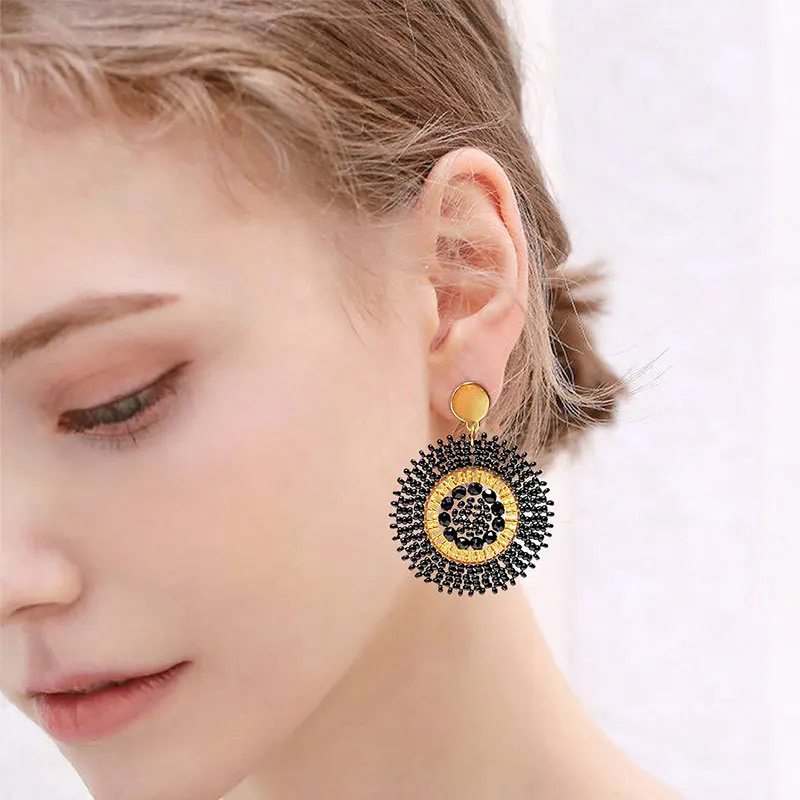 Beaded earrings Roundness Black Hollow out Tide Simple Hand knitting Bohemia Alloy Geometry Individuality Rice bead earrings