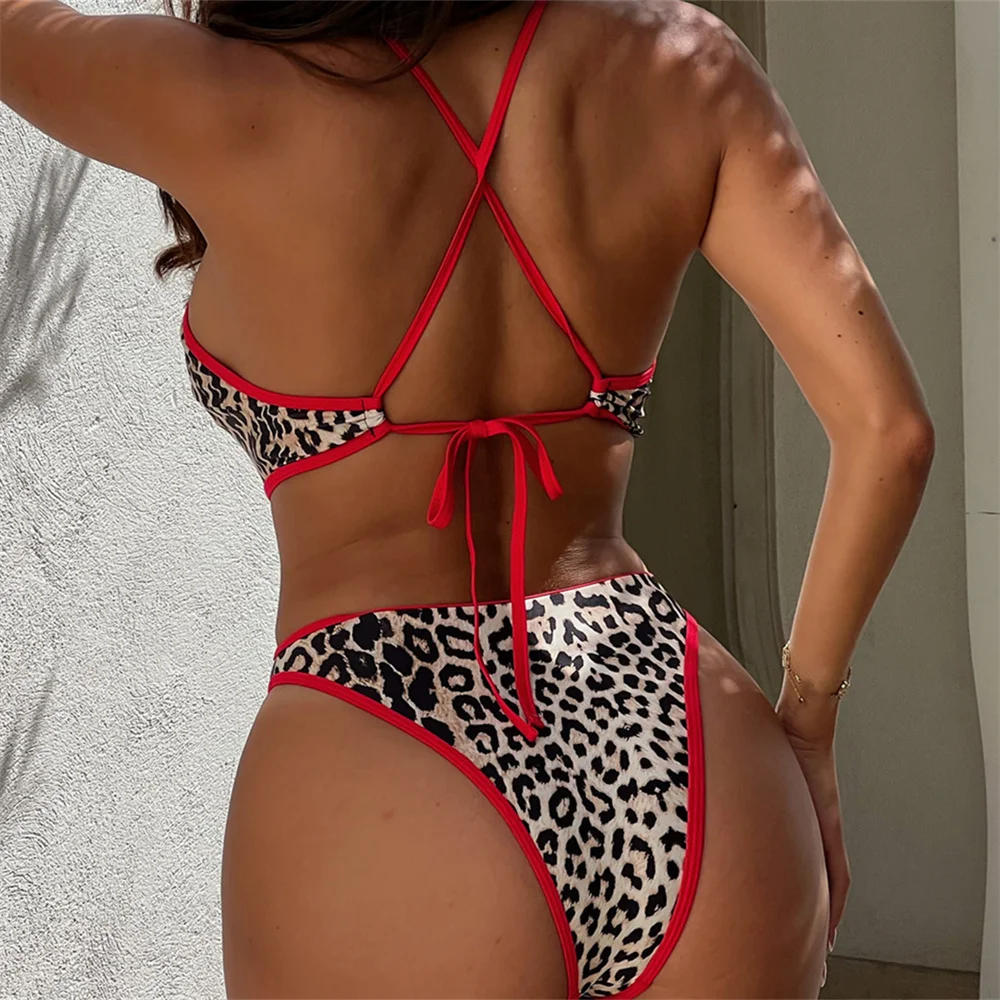 Contrast Color Leopard Bikini Hollow-out Swimwears Backless Lace-up One-piece Swimsuit Women Cross Bandage Beach Outfit Sexy Set