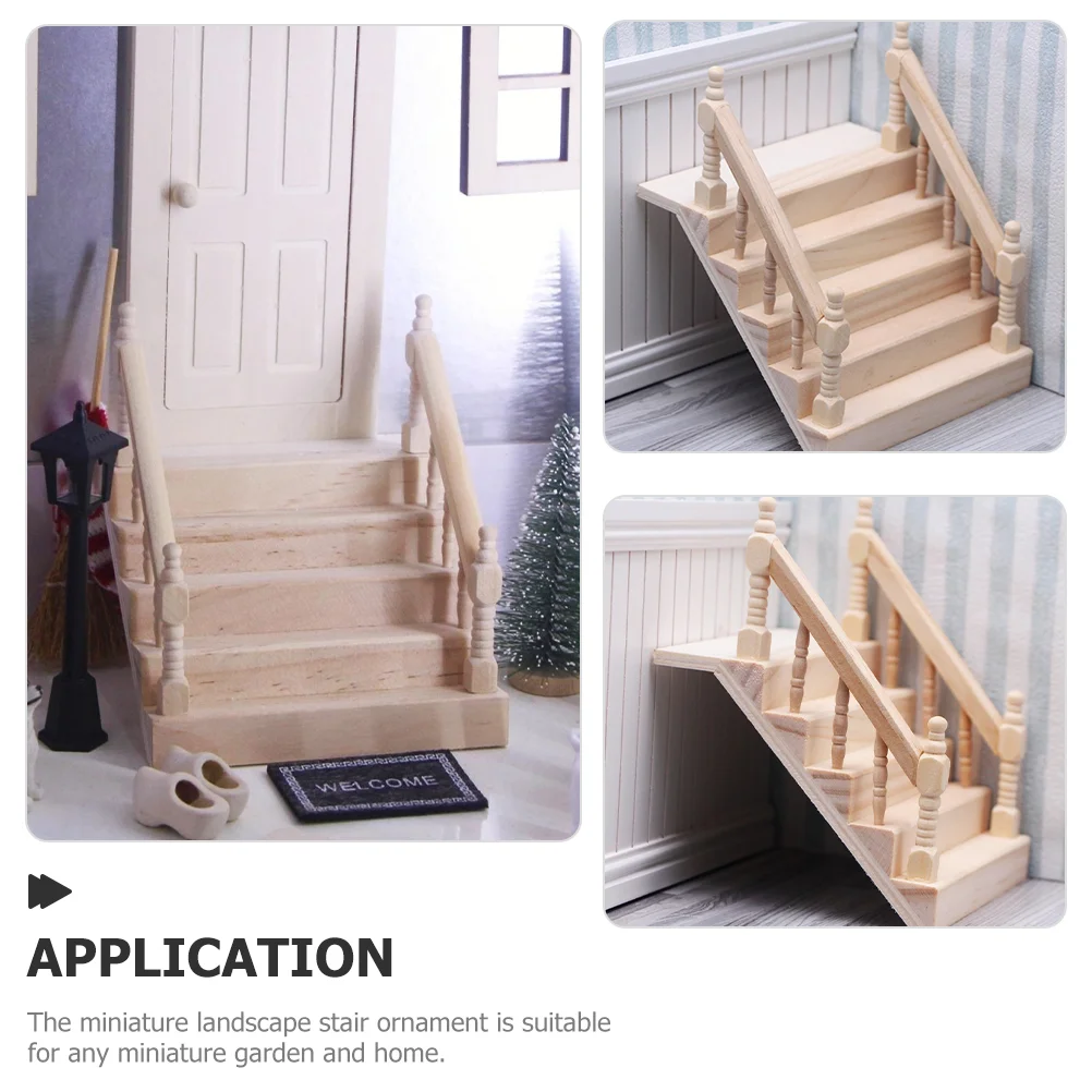 2 Pcs Props Solid Wood Carved Mini House Decoration Double Handrail Staircase Model 2pcs Models Wooden