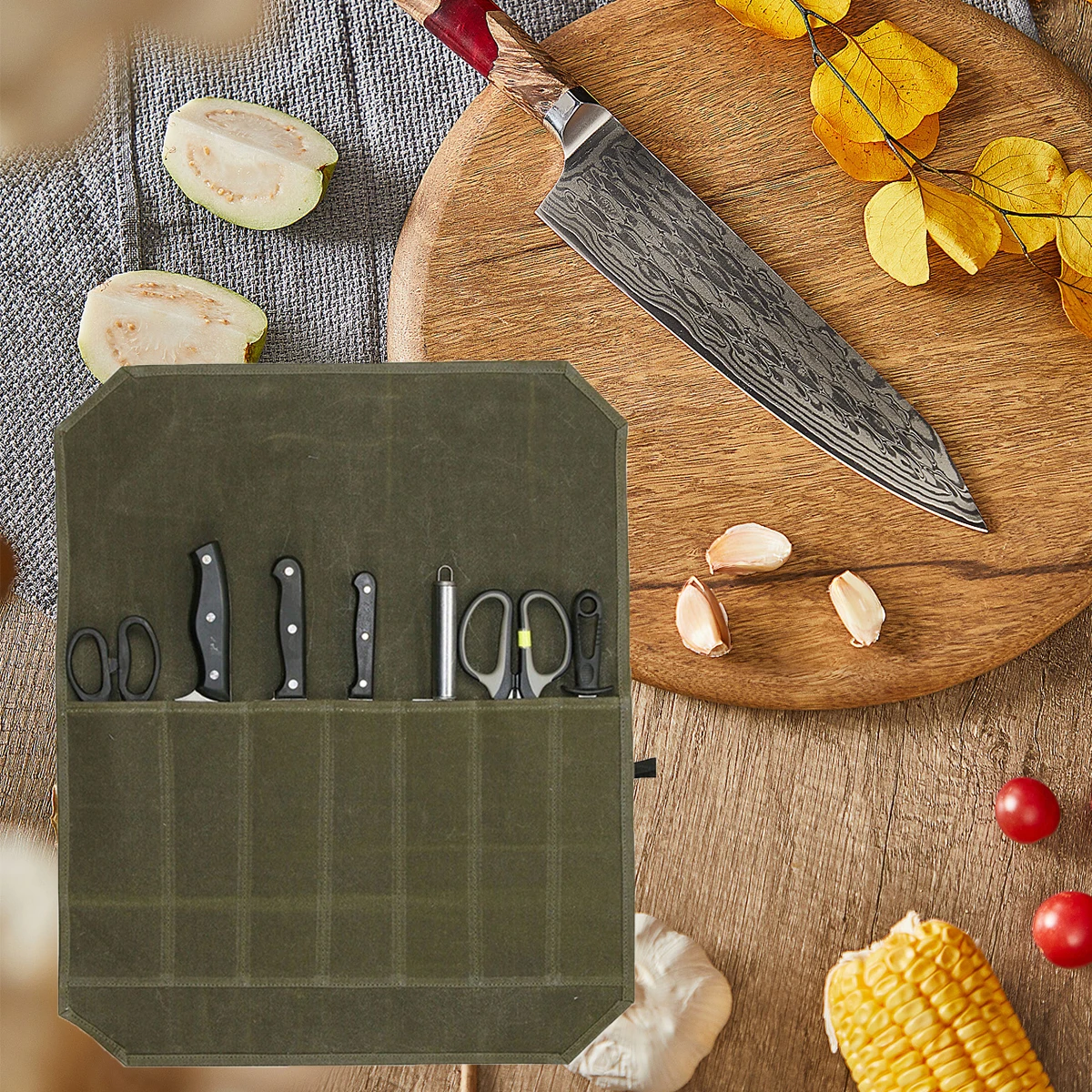 

1Pcs New Wet Wax Canvas Knife Storage Bag Chef Picnic Camping Barbecue Kitchen Portable Storage Bag Roll Storage