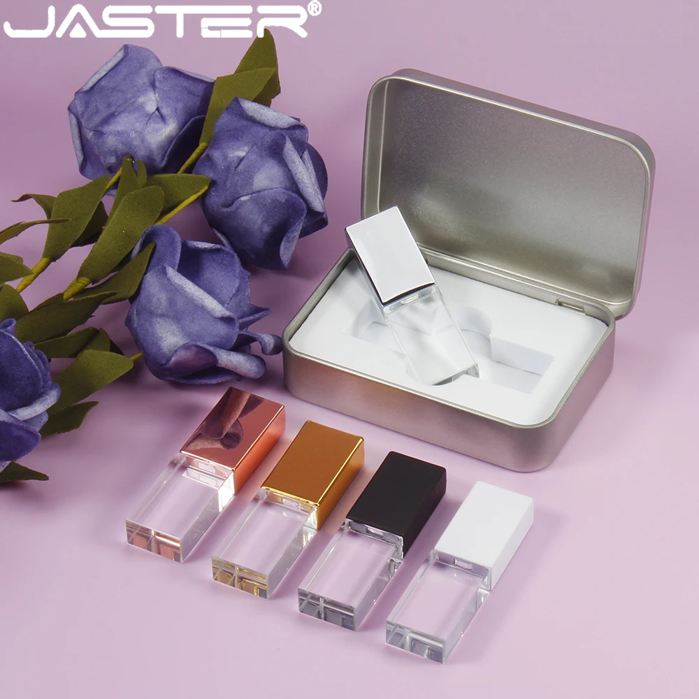 

JASTER Crystal USB Flash Drives 128GB Pretty Memory Stick with Iron Box 64GB Creative Business Gift Colorful Pen Drive 32GB