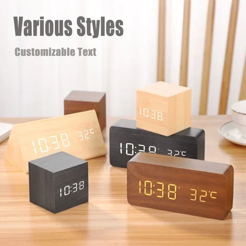 

LED Digital Alarm Clock, Wooden Watch Table, Voice Control, Electronic Desktop Clocks, USB, AAA Powered