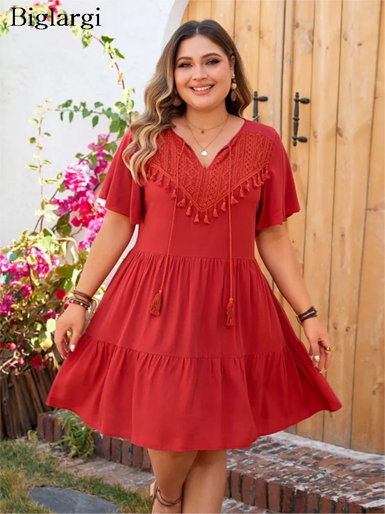 Plus Size Summer Mini V-Neck Dress Women Slim Fashion Fringe Patchwork Ladies Dresses Ruffle Pleated Ethnic Style Woman Dress