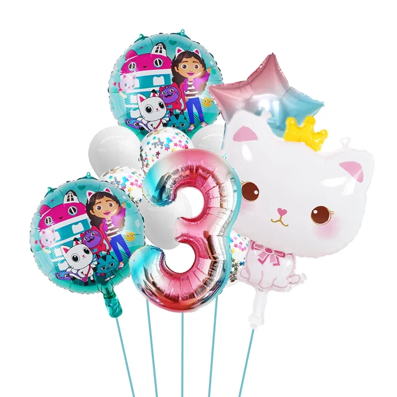 Gabby Dollhouse Cats Number Balloon Children\'s Birthday Party Decoration Latex Aluminum Balloons Girl Gabby\'s Doll Balloon Set