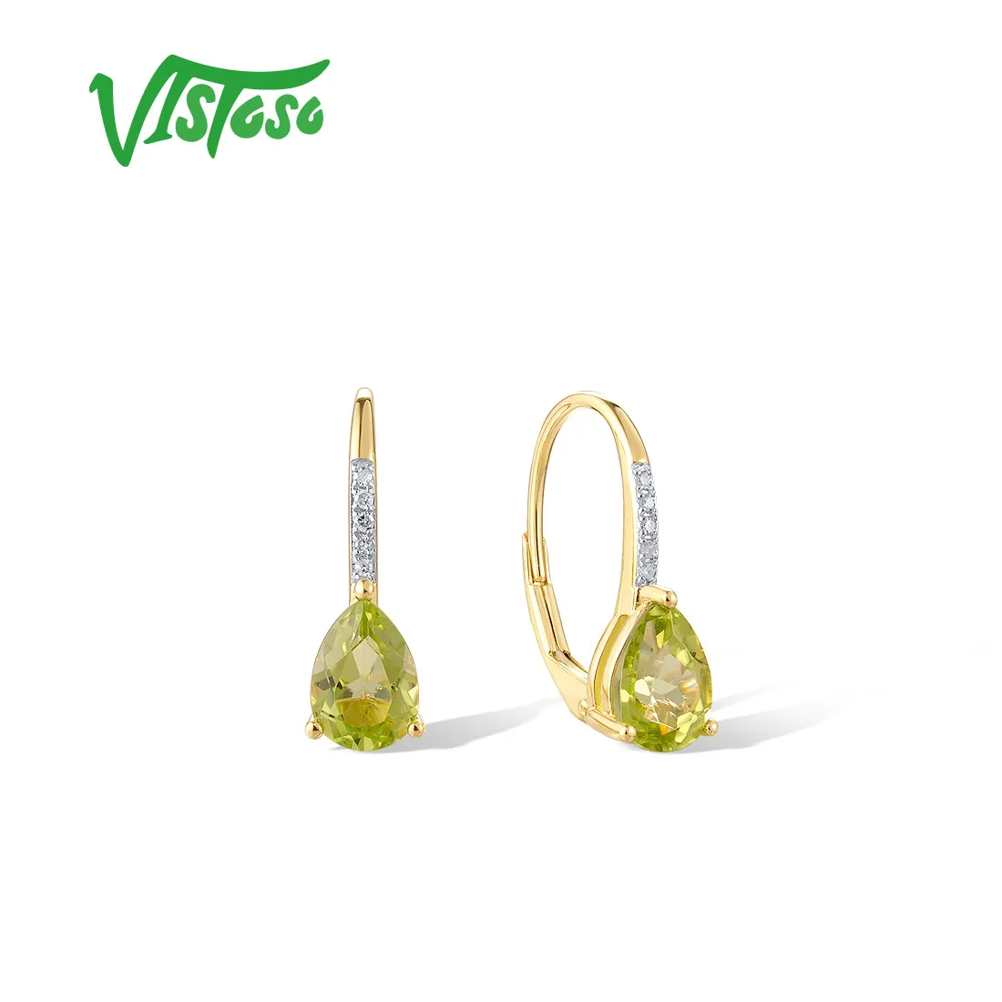 VISTOSO Real 14K 585 Yellow Gold Leverback Earrings For Women Sparkling Diamond Peridot Teardrop Anniversary Gifts Fine Jewelry