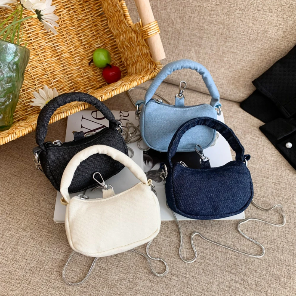 Mini Denim Handbag For Women Shoulder Bags Female Casual Square Chain Zipper Crossbody Bag Girls Headphone Lipstick Storage Bag