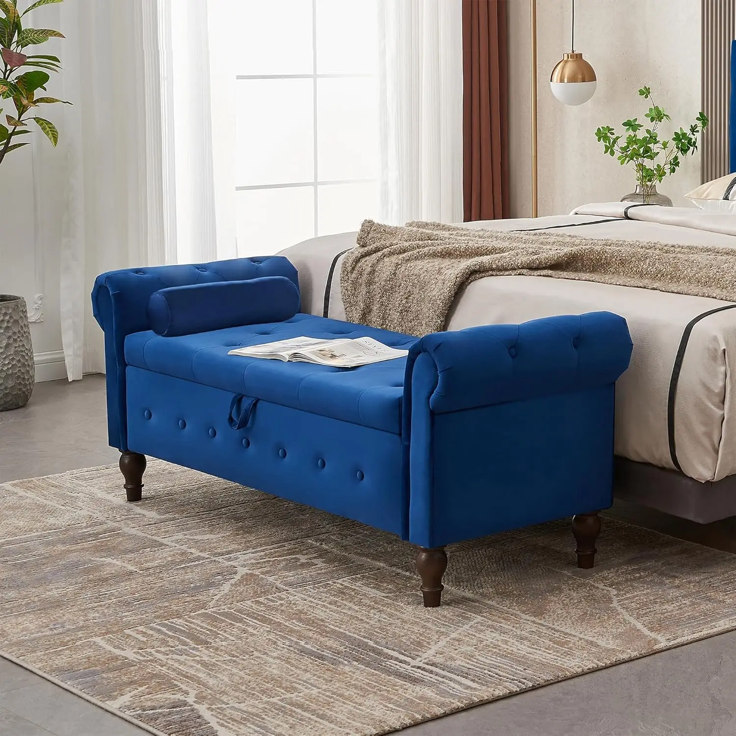 

Upholstered Storage Ottoman Bench, Velvet 63-inch Storage Bench with Rolled Arms for Bedroom End of Bed