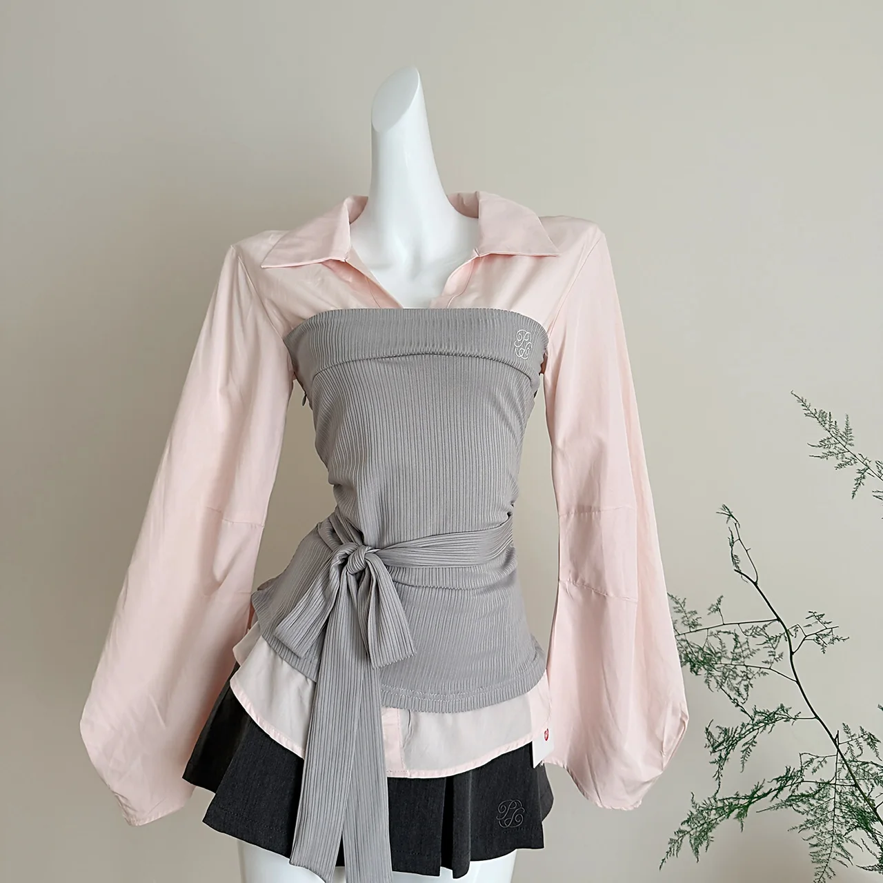 Women's Pink Striped Patchwork Shirt with Collar Long Sleeve French Elegant Personality Design Office High Street Retro Clothing