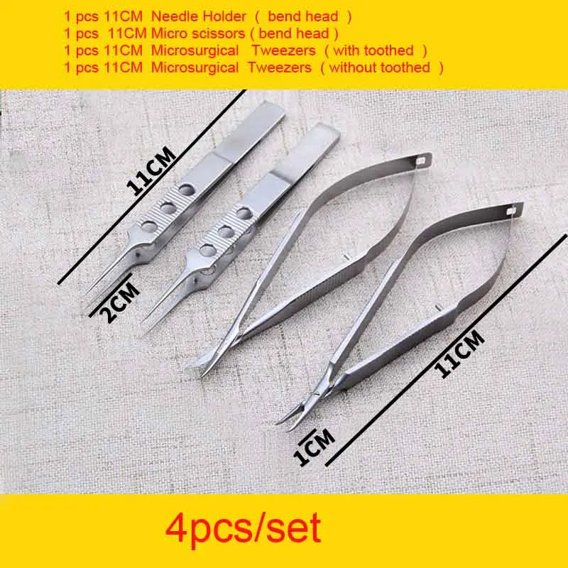 New 11cm Stainless steel ophthalmic microsurgical instruments Needle Holder Micro scissors Tweezers hand surgery 4pcs/set