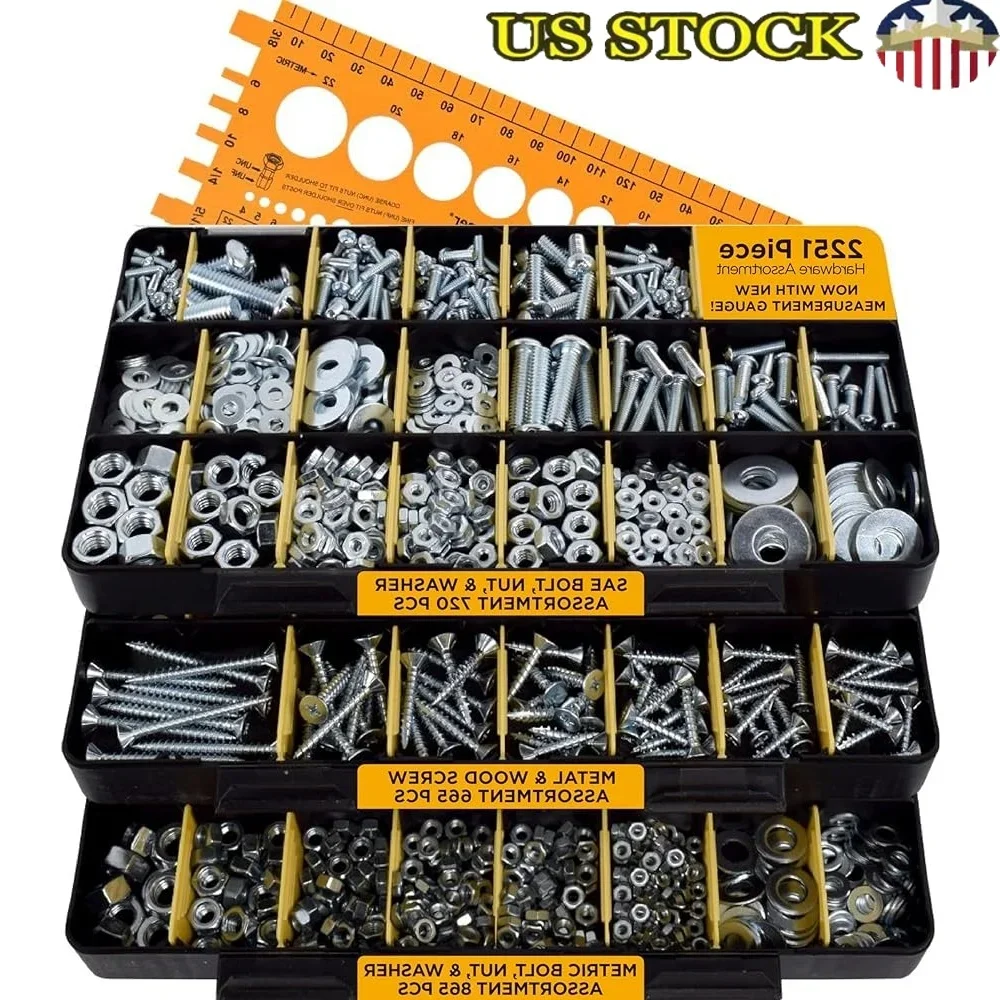 

2251 Piece Assortment Hardware Kit Bolts Screws Nuts Washers Stackable Storage Trays Home Repair DIY Projects