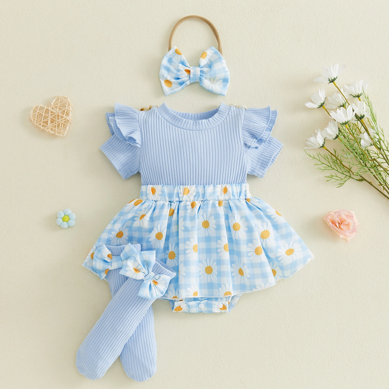 Baby Girl Summer Outfits Faux Two-piece Design Daisy Print Plaid Short Sleeve Romper Dress Bow Headband Stockings Set 5