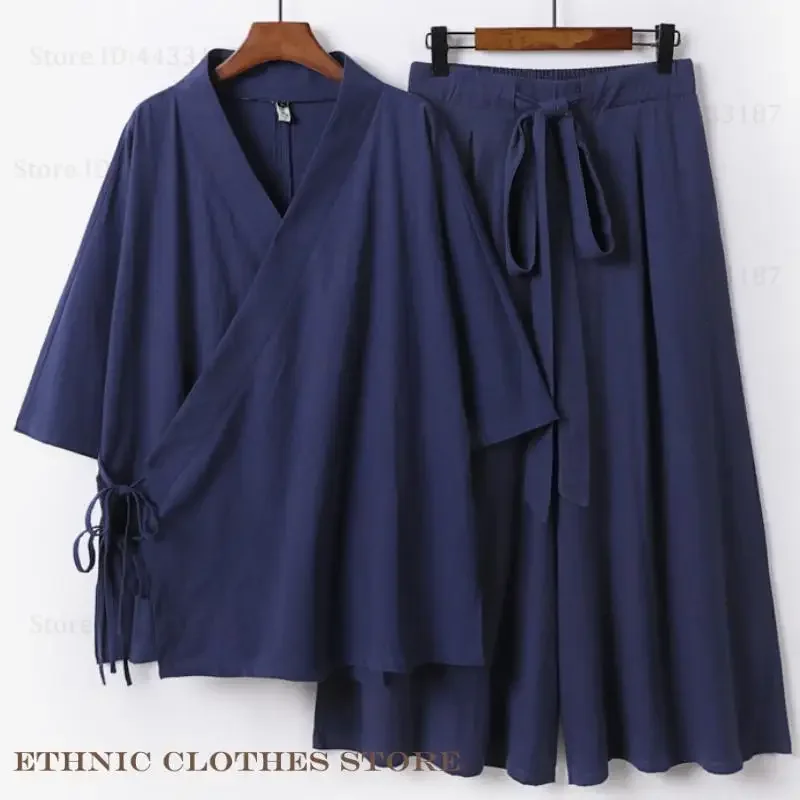 التقليدية اليابانية الساموراي زي كبير الحجم 3XL-9XL الذكور كيمونو سترة السراويل 2 قطعة مجموعة يوكاتا هاوري القطن الكتان أبلى #4