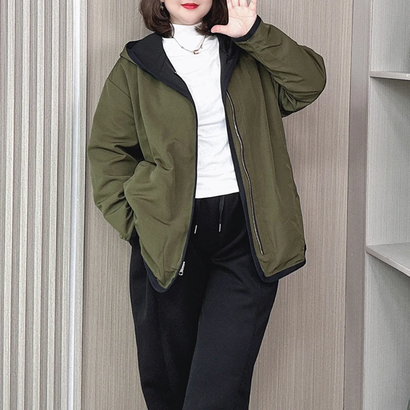 Spring/Autumn Hooded Zipper Long Trench Coat Women Plus Size Loose Fashion double-sided Wear Casual Windbreaker Jacket 269