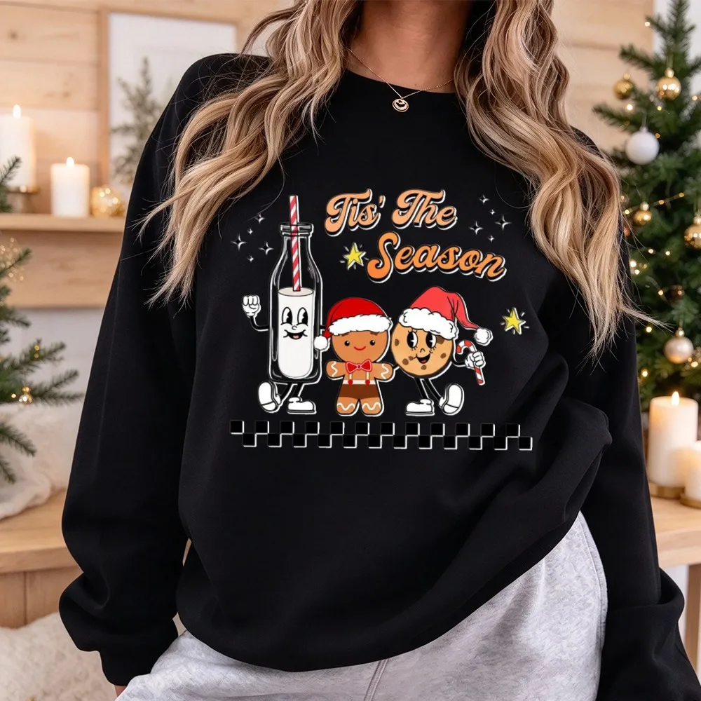 Tis The Season Christmas Milk Gingerbread Cookie Santa Graphic Long Sleeve Pullover Casual Winter Holiday Xmas Party Top Clothes