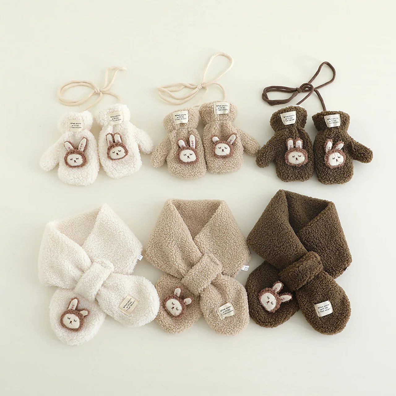 

Winter Lamb Fleece Scarf Baby Gloves Warm Plush Neckerchief Cute Cartoon Kids Boy Girl Hanging Neck Mittens