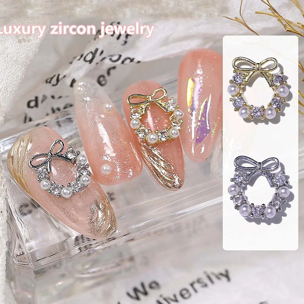 10pcs Christmas Wreath Bowknot Pearl Nail Art Parts 3D Zircon Court Style Rhinestone Nail Decor Jewelry Charms DIY Nail Supplies